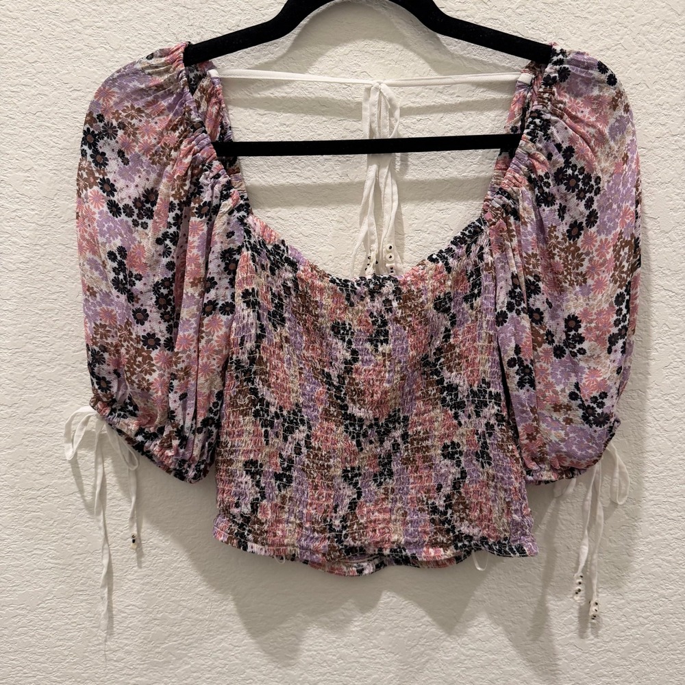 Free People Floral Smocked Puff Sleeve Crop Top Purple Pink XS